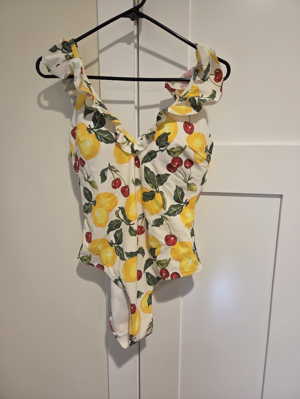 Boden Cream One-Piece Swimsuit with Yellow Lemon & Red Cherry Print